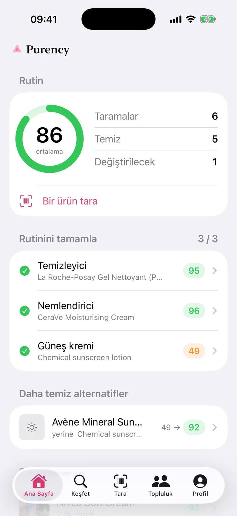 Purency ana sayfası: rutin ortalaması 86, altı tarama, beş temiz ürün ve rutin adımları